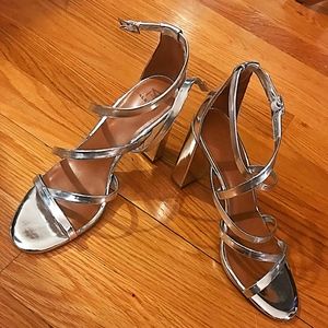 Metallic Silver Strappy Block Heels by Halston